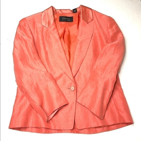 DANA Buchman Jacket Silk Dupioni Linen Blend Bright Coral Shoulder Pads Size 14 - Picture 3 of 13
